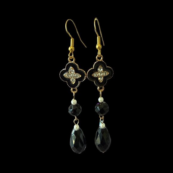 Earrings Dangle Black Obsidian Clover CZ gemstone Jewelry Event Gift New - Picture 3 of 8